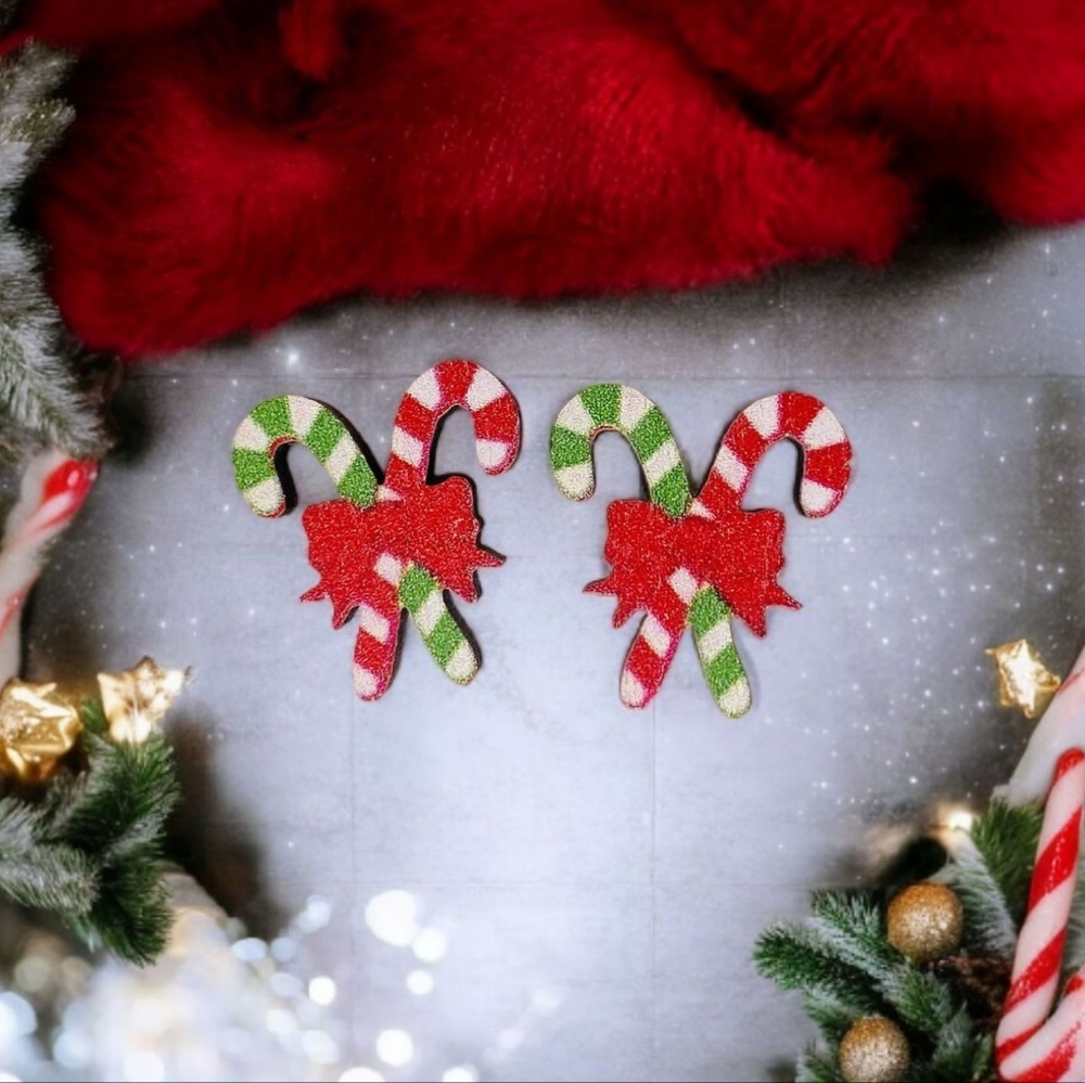 Festive‎ Holiday Christmas Candy Canes with Bow Wooden Stud Women's Earrings